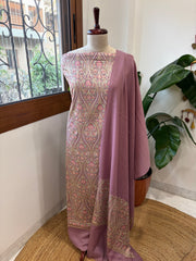 Pinkish Mauve Winter Suit Set with Aari Work in Pashmina Wool - Masakalee