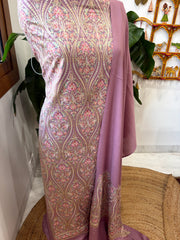 Pinkish Mauve Winter Suit Set with Aari Work in Pashmina Wool - Masakalee