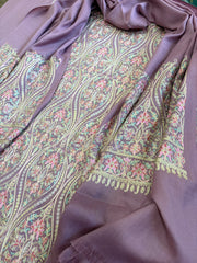 Pinkish Mauve Winter Suit Set with Aari Work in Pashmina Wool - Masakalee