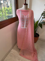 Pinkish Peach Suit Set with Pearl, Cut Daana and Thread Handwork in Pure Mul Chanderi - Masakalee