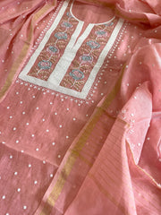 Pinkish Peach Suit Set with Pearl, Cut Daana and Thread Handwork in Pure Mul Chanderi - Masakalee