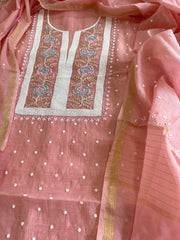 Pinkish Peach Suit Set with Pearl, Cut Daana and Thread Handwork in Pure Mul Chanderi - Masakalee