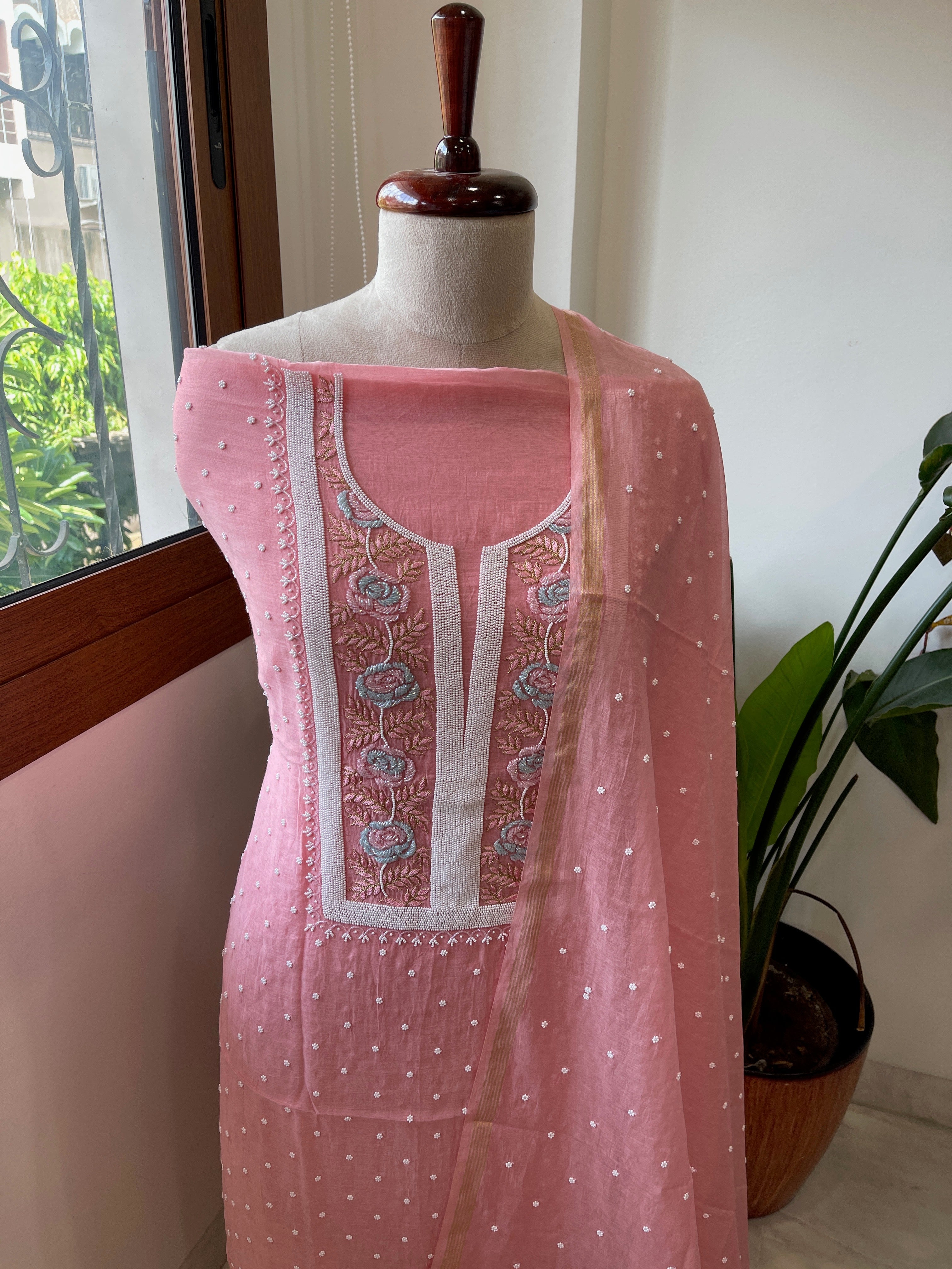 Pinkish Peach Suit Set with Pearl, Cut Daana and Thread Handwork in Pure Mul Chanderi - Masakalee