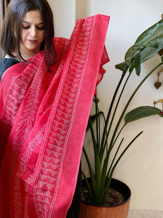 Pinkish Red Kota Cotton Handblock Printed Dupatta - Masakalee