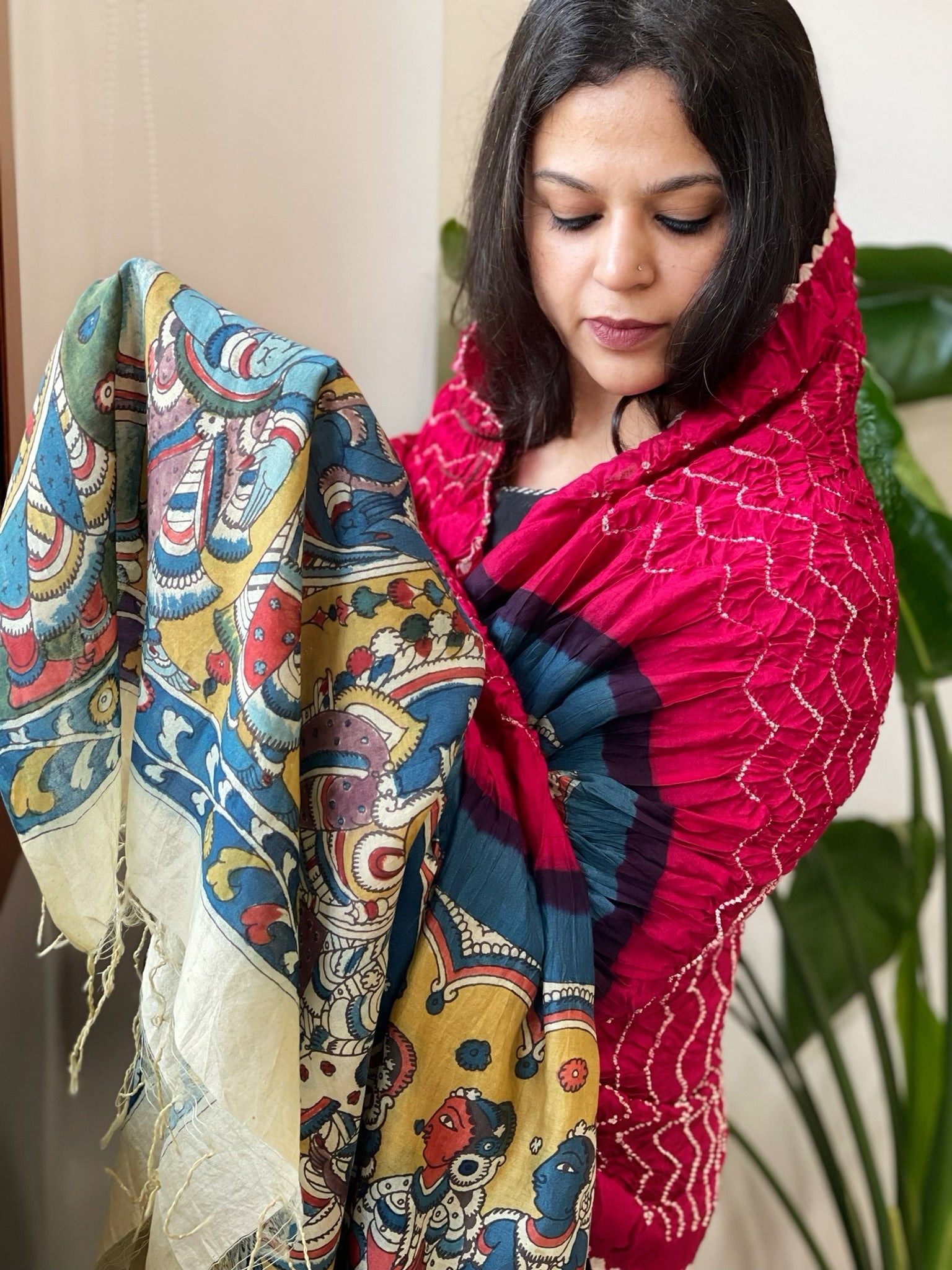 Pinkish Red Rai Bandhej Dupatta with Handpainted Kalamkari Pallu in Pure Muga Silk - Masakalee