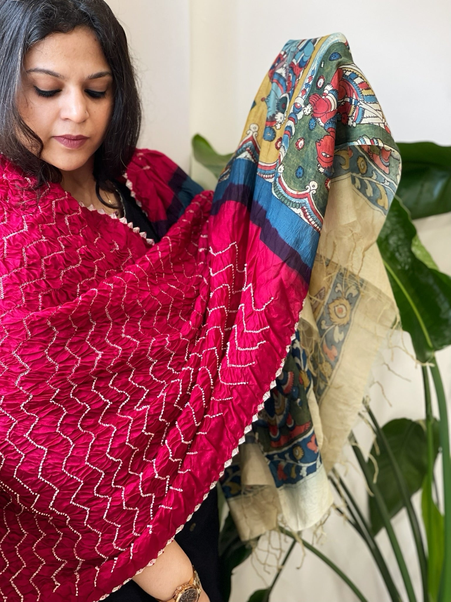 Pinkish Red Rai Bandhej Dupatta with Handpainted Kalamkari Pallu in Pure Muga Silk - Masakalee