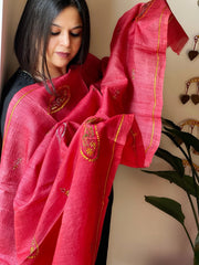 Pinkish Red Sozni Hand Embroidery Dupatta in Pure Tussar Silk - Masakalee