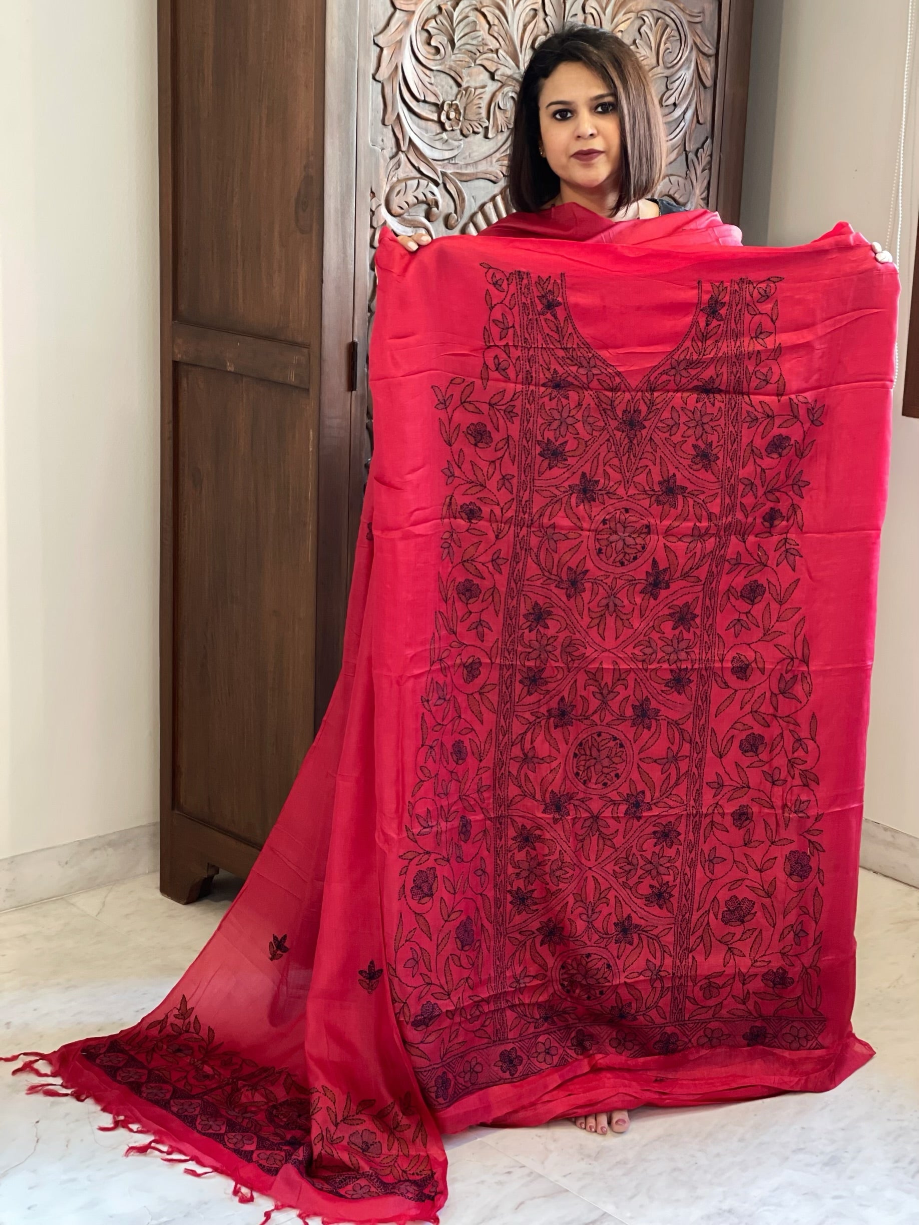 Pinkish Red Suit Set with Kantha Handwork in Pure Tussar Silk - Masakalee