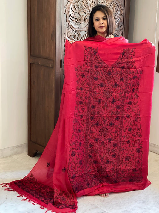 Pinkish Red Suit Set with Kantha Handwork in Pure Tussar Silk - Masakalee