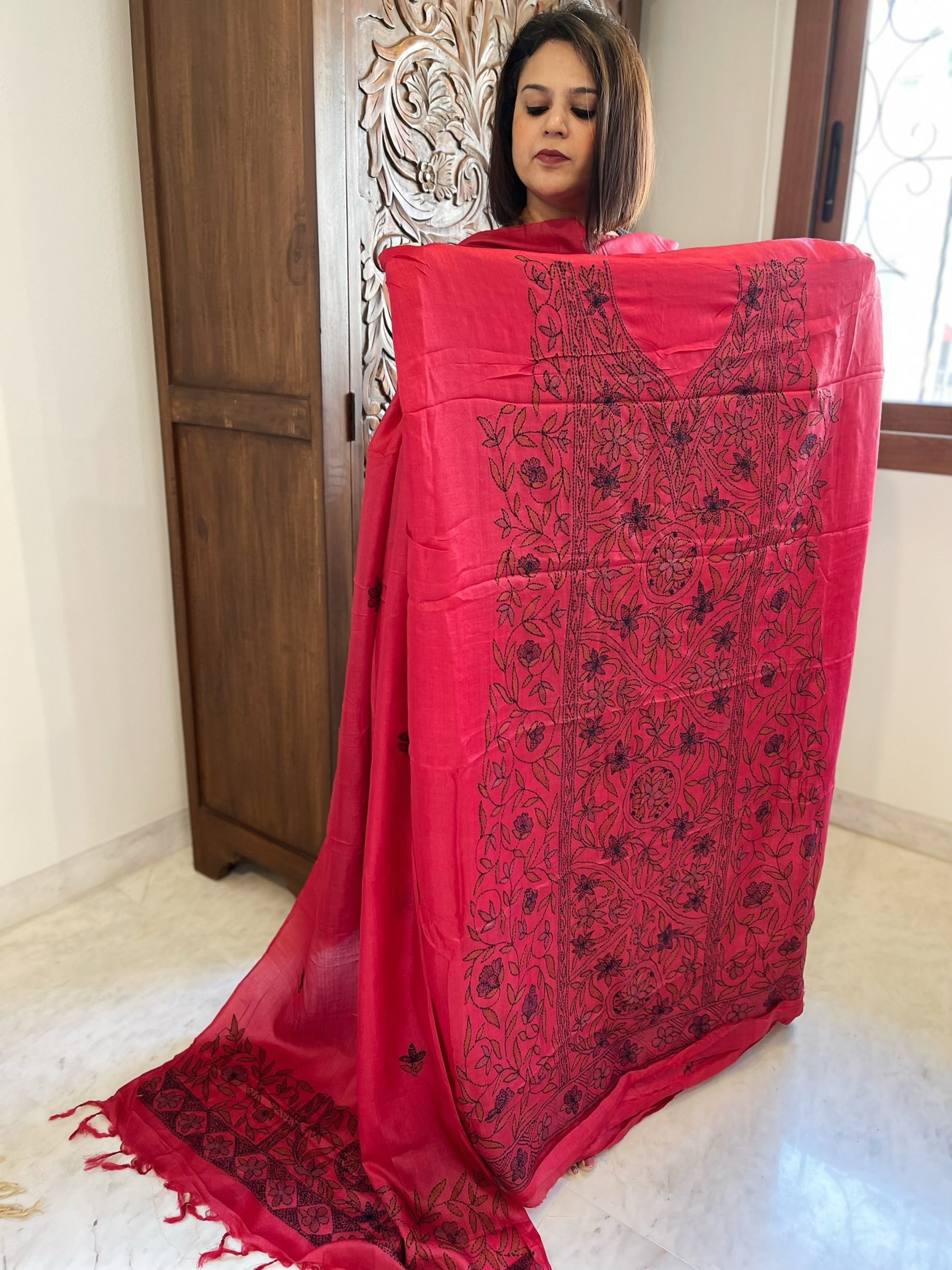 Pinkish Red Suit Set with Kantha Handwork in Pure Tussar Silk - Masakalee