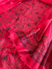 Pinkish Red Suit Set with Kantha Handwork in Pure Tussar Silk - Masakalee