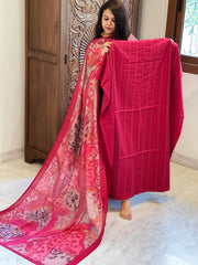 Pinkish Red Suit Set with Kantha Stitch Work on Glazed Cotton - Masakalee