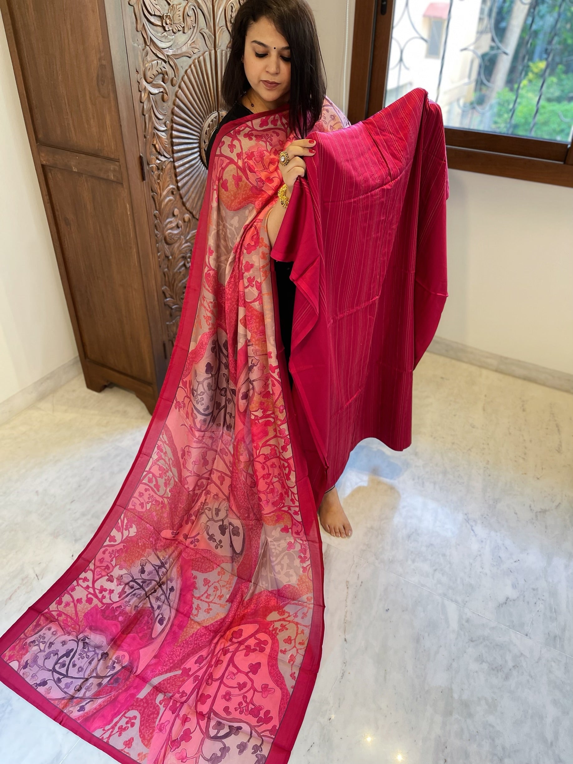 Pinkish Red Suit Set with Kantha Stitch Work on Glazed Cotton - Masakalee