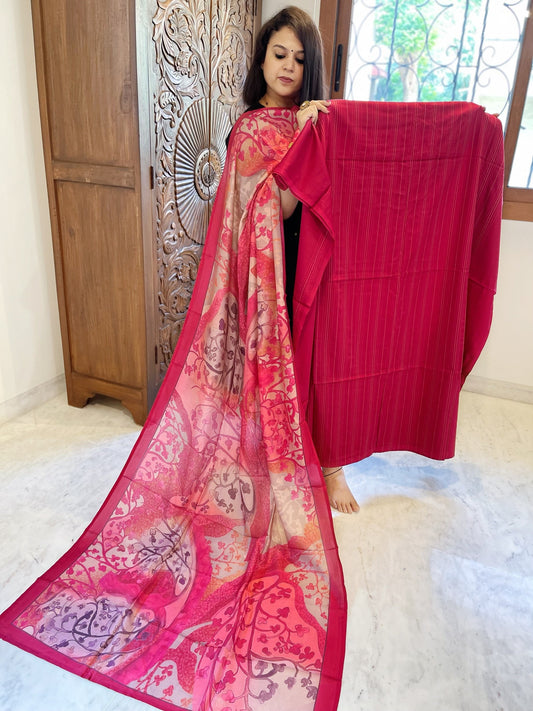 Pinkish Red Suit Set with Kantha Stitch Work on Glazed Cotton - Masakalee