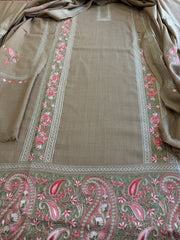 Pinkish Toosh Winter Suit Set with Aari Work in Pashmina Wool - Masakalee