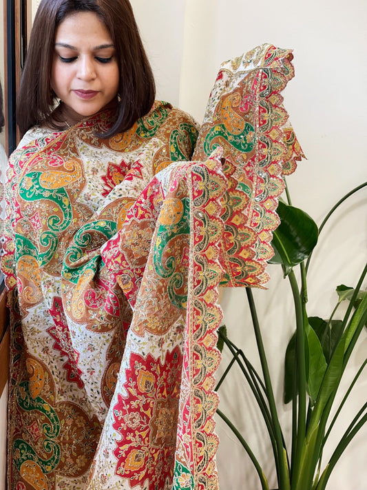 Pinkish White Chinon Dupatta with Aari Embroidery - Masakalee