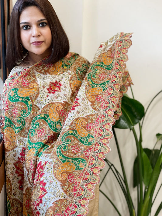 Pinkish White Chinon Dupatta with Aari Embroidery - Masakalee
