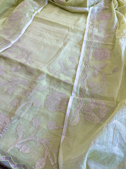 Pista Green Applique Suit Set in Mul Chanderi - Masakalee
