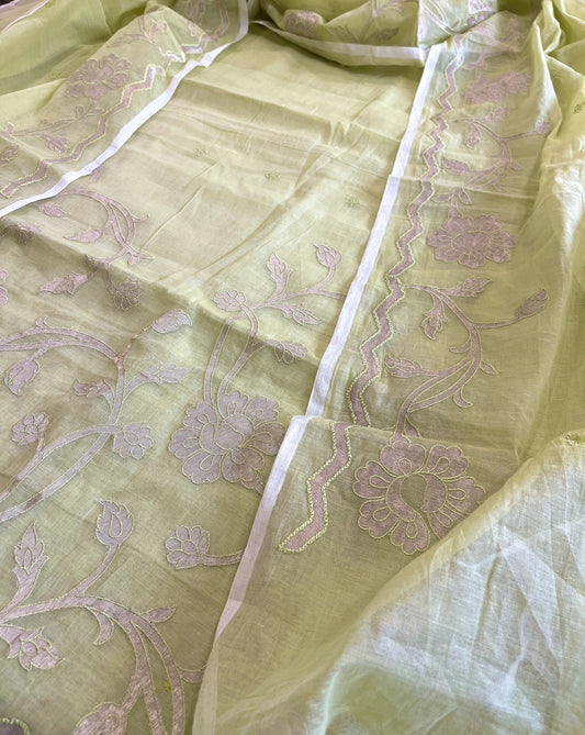 Pista Green Applique Suit Set in Mul Chanderi - Masakalee