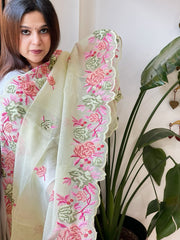 Pista Green Kota Cotton Dupatta with Cross - Stitch Embroidered Border - Masakalee
