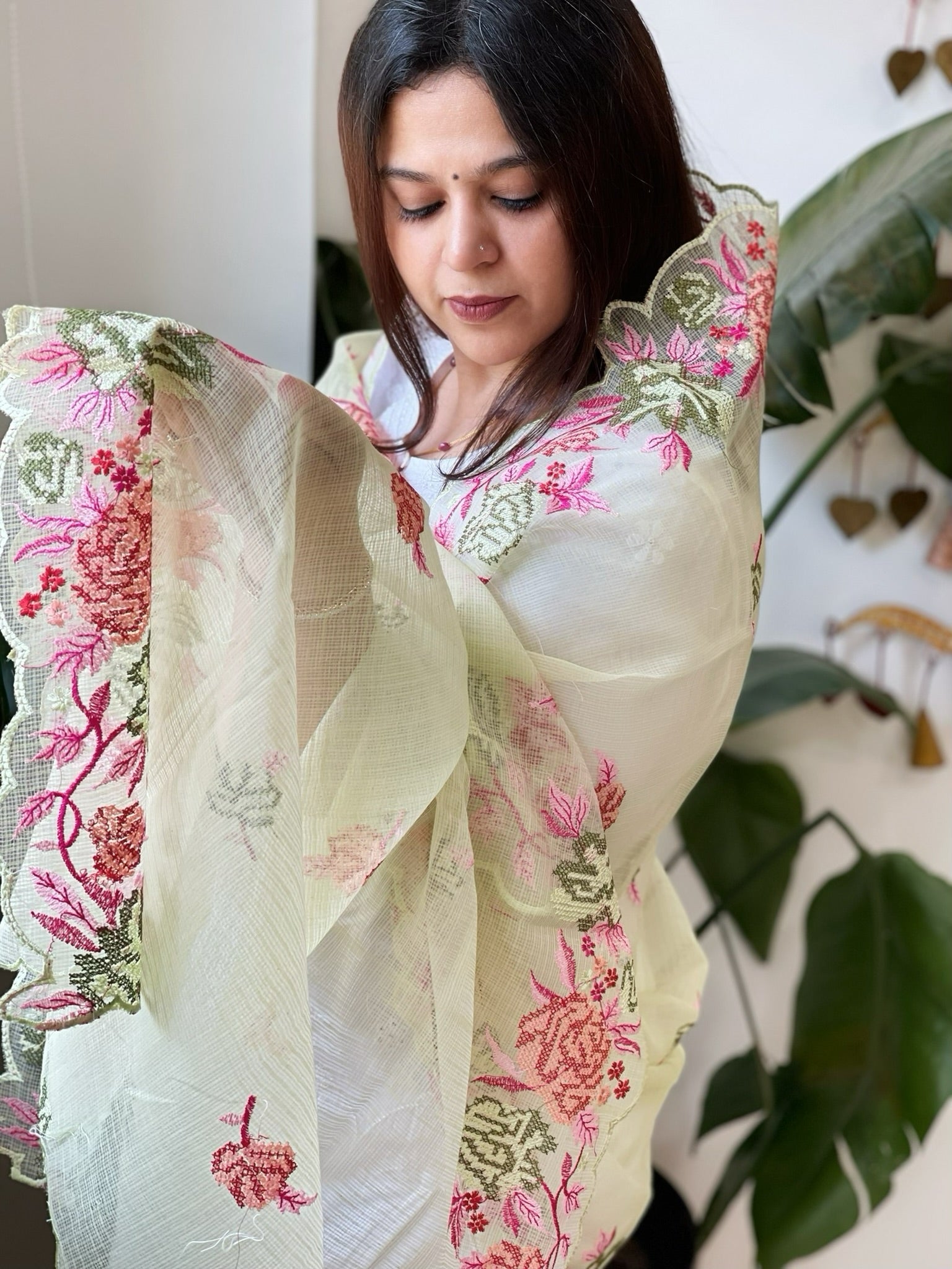 Pista Green Kota Cotton Dupatta with Cross - Stitch Embroidered Border - Masakalee