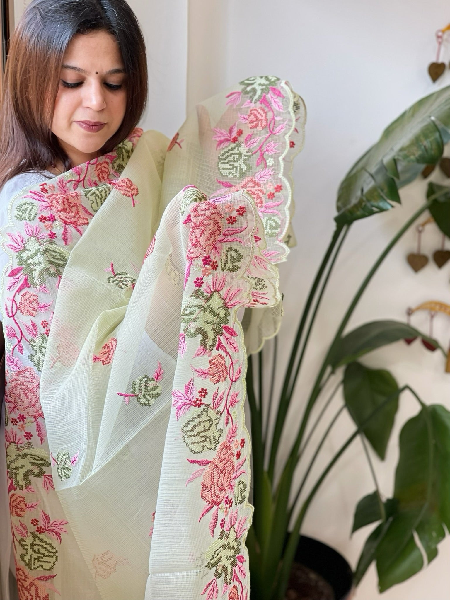 Pista Green Kota Cotton Dupatta with Cross - Stitch Embroidered Border - Masakalee