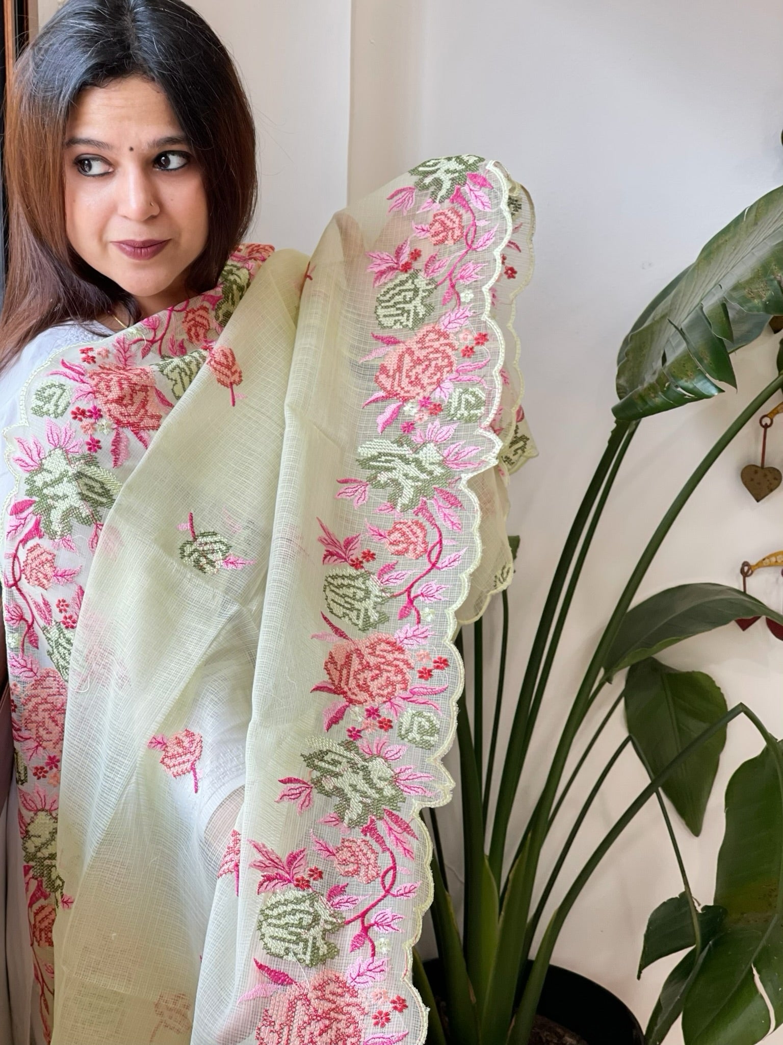 Pista Green Kota Cotton Dupatta with Cross - Stitch Embroidered Border - Masakalee