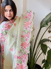 Pista Green Kota Cotton Dupatta with Cross - Stitch Embroidered Border - Masakalee