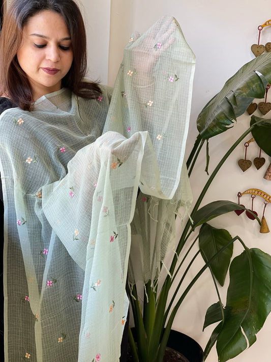 Pista Green Kota Cotton Dupatta with Thread Embroidery - Masakalee