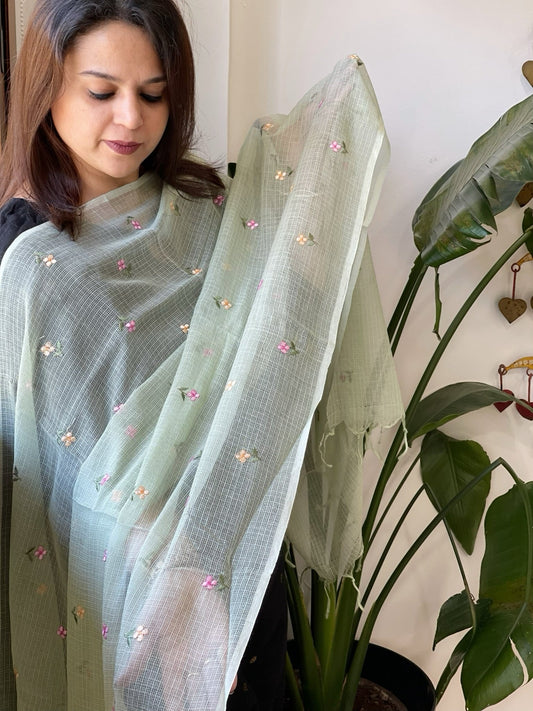Pista Green Kota Cotton Dupatta with Thread Embroidery - Masakalee
