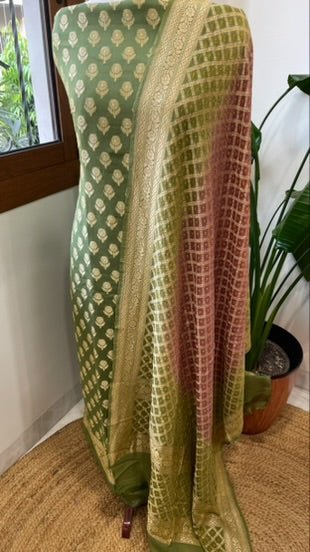Pista Green, Mauve Handwoven Banarasi Suit Set in Pure Georgette - Masakalee