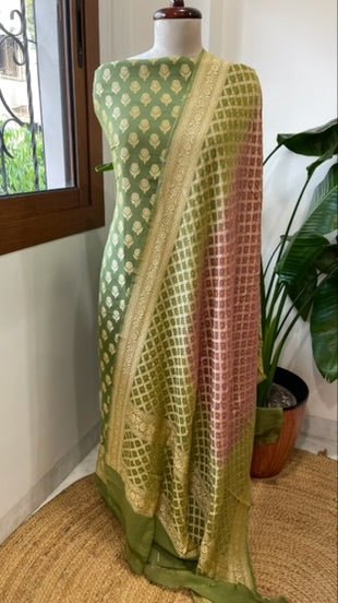 Pista Green, Mauve Handwoven Banarasi Suit Set in Pure Georgette - Masakalee