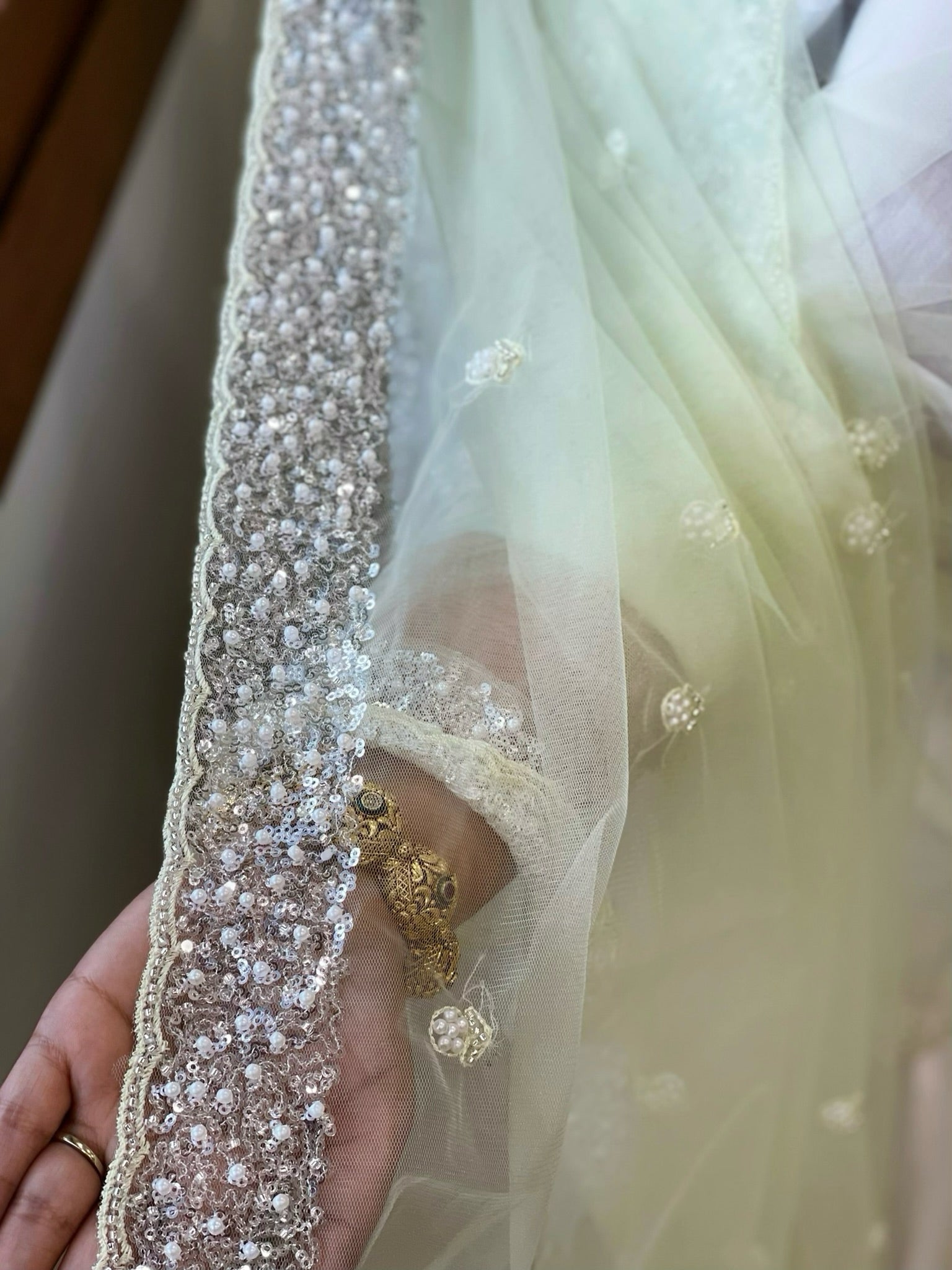 Pista Green Net Dupatta with Sequin and Pearl Embroidery - Masakalee