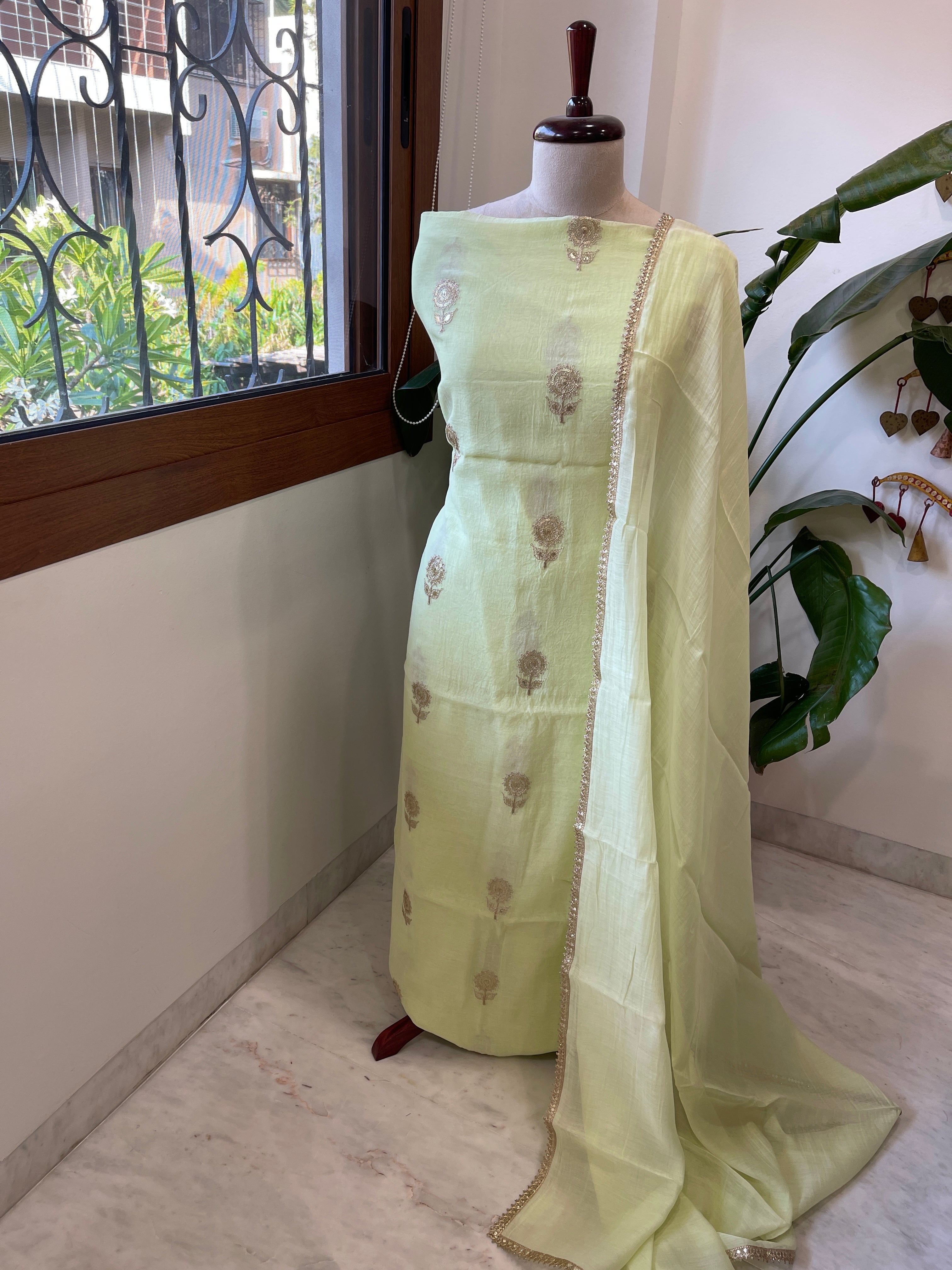 Pista Green Suit Set with Gold Thread & Sequin Work in Pure Mul - Masakalee