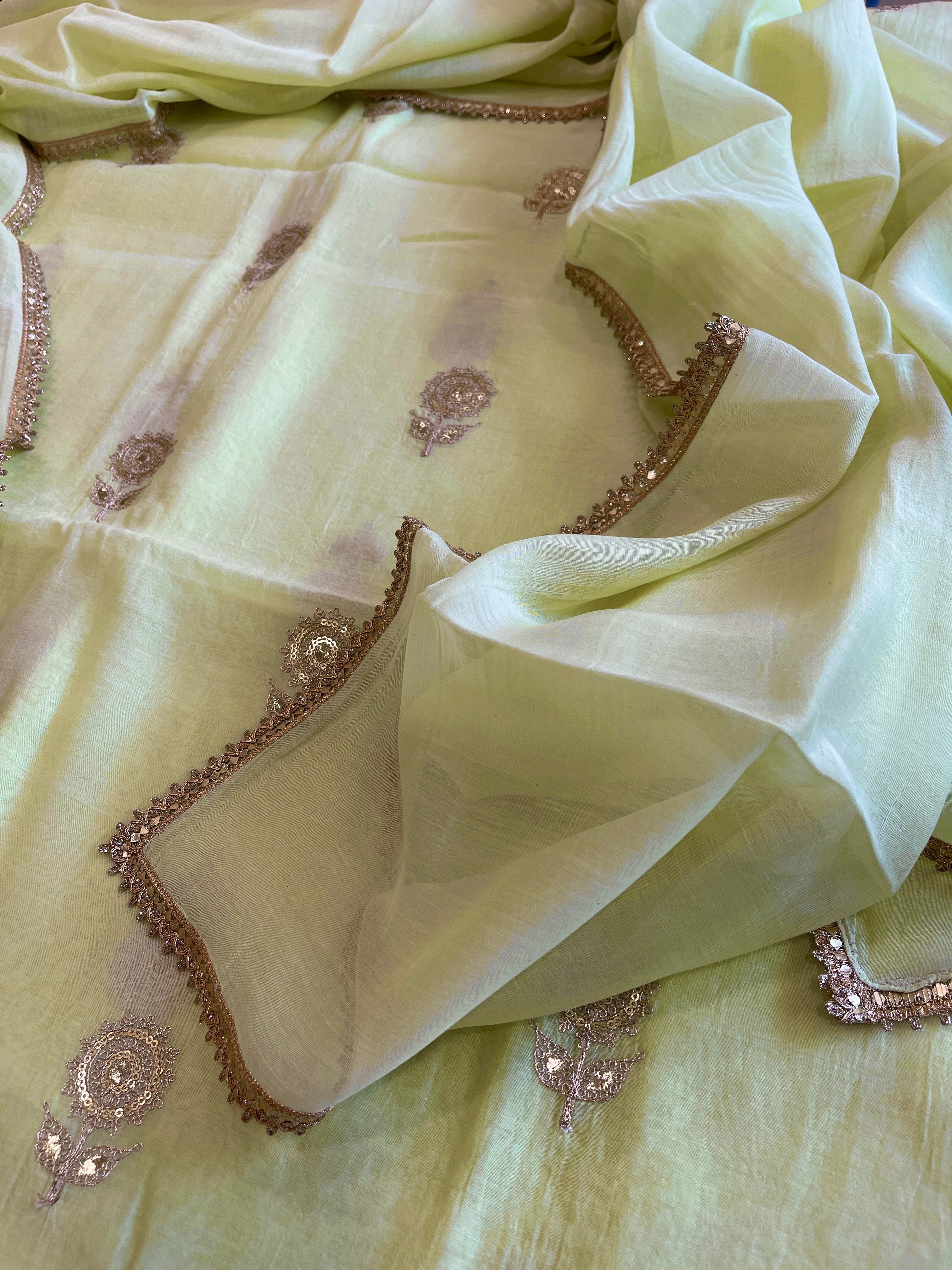Pista Green Suit Set with Gold Thread & Sequin Work in Pure Mul - Masakalee