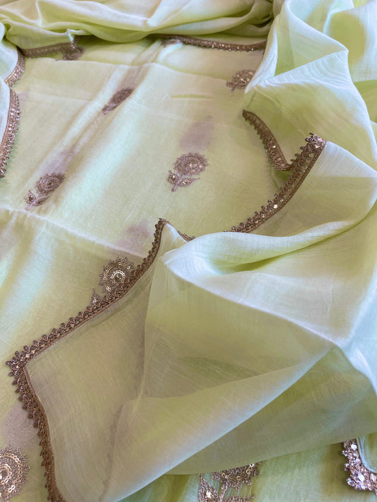 Pista Green Suit Set with Gold Thread & Sequin Work in Pure Mul - Masakalee