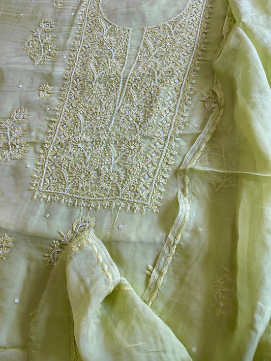 Pista Green Suit Set with Lucknowi and Pearl Handwork in Organza Crepe - Masakalee