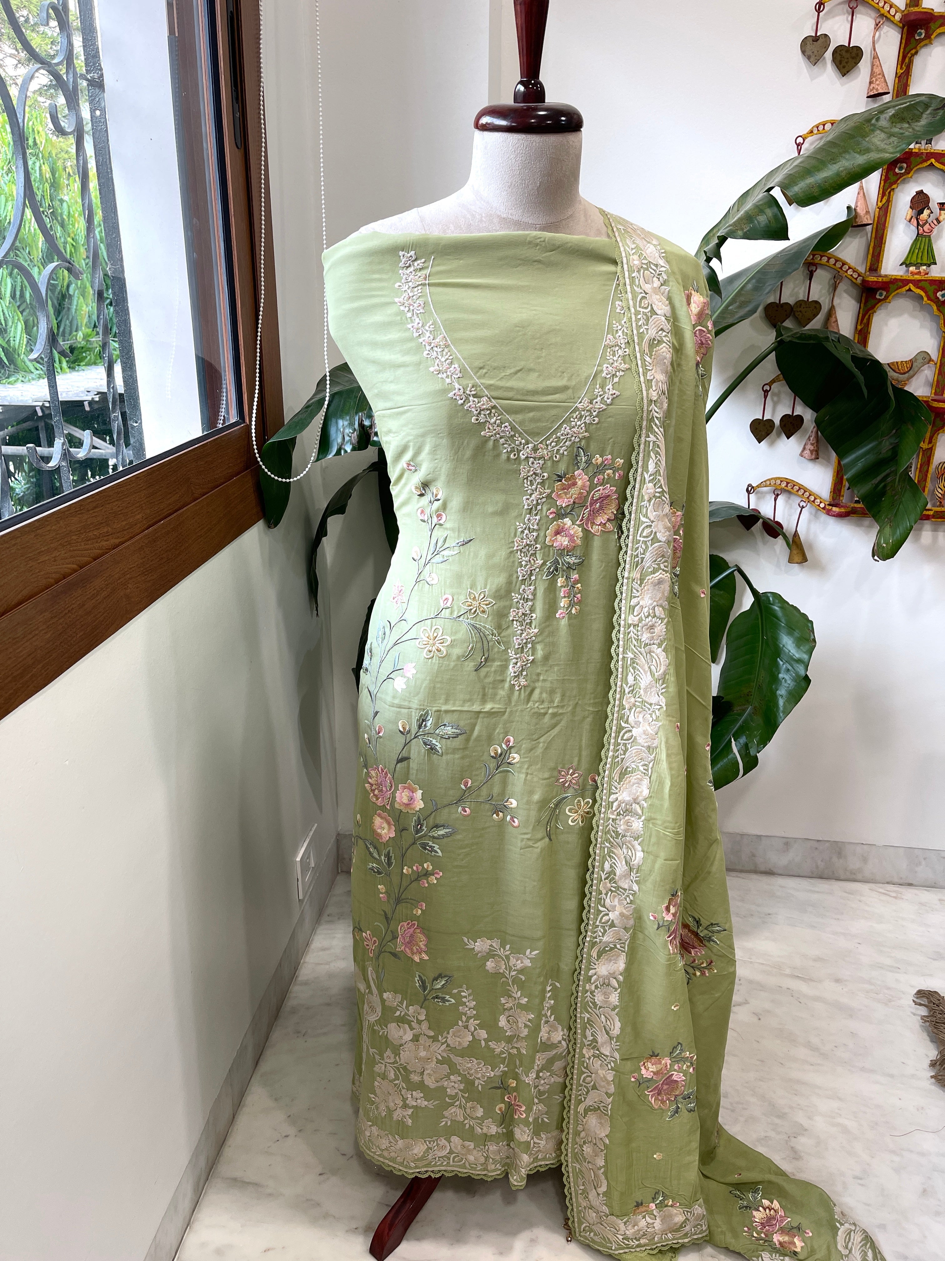 Pista Green Suit Set with Parsi Gara Embroidery in Mul Chanderi - Masakalee