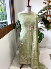 Pista Green Suit Set with Parsi Gara Embroidery in Mul Chanderi - Masakalee