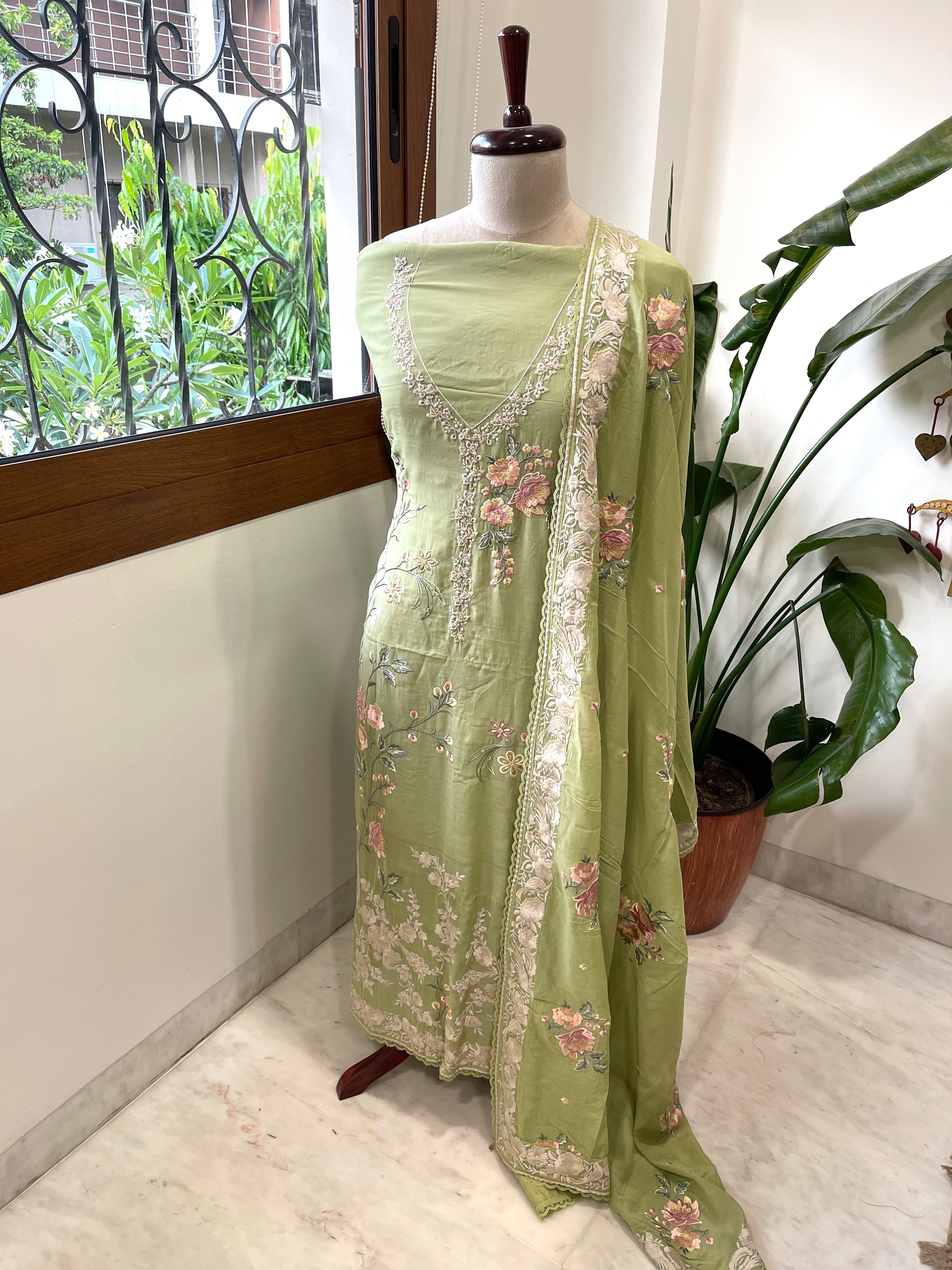 Pista Green Suit Set with Parsi Gara Embroidery in Mul Chanderi - Masakalee