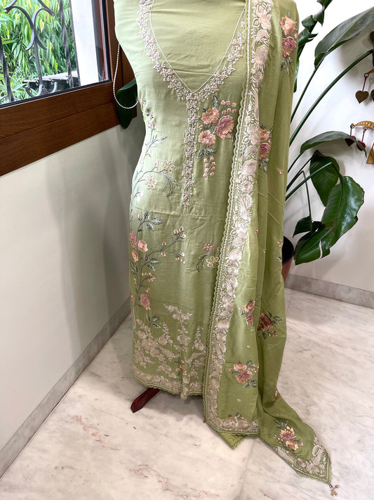 Pista Green Suit Set with Parsi Gara Embroidery in Mul Chanderi - Masakalee