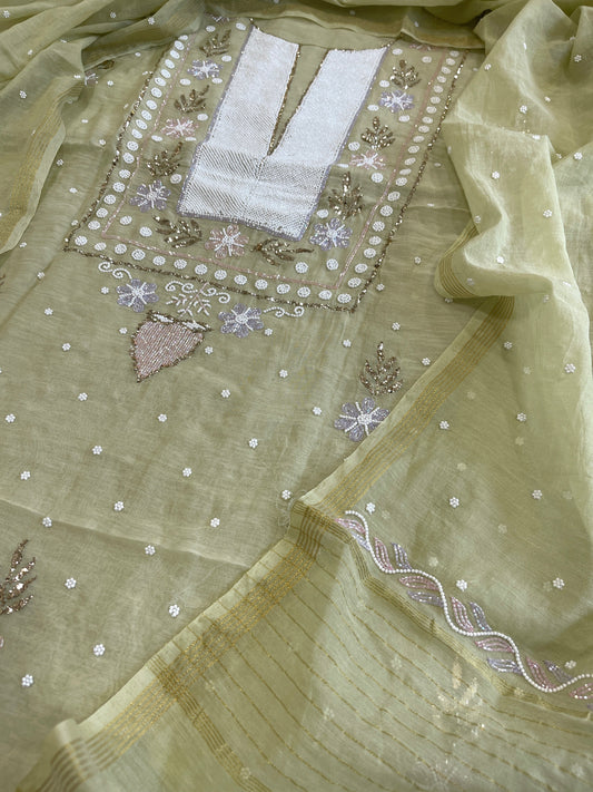 Pista Green Suit Set with Pearl, Cut Daana and Mukaish Handwork in Pure Mul Chanderi - Masakalee