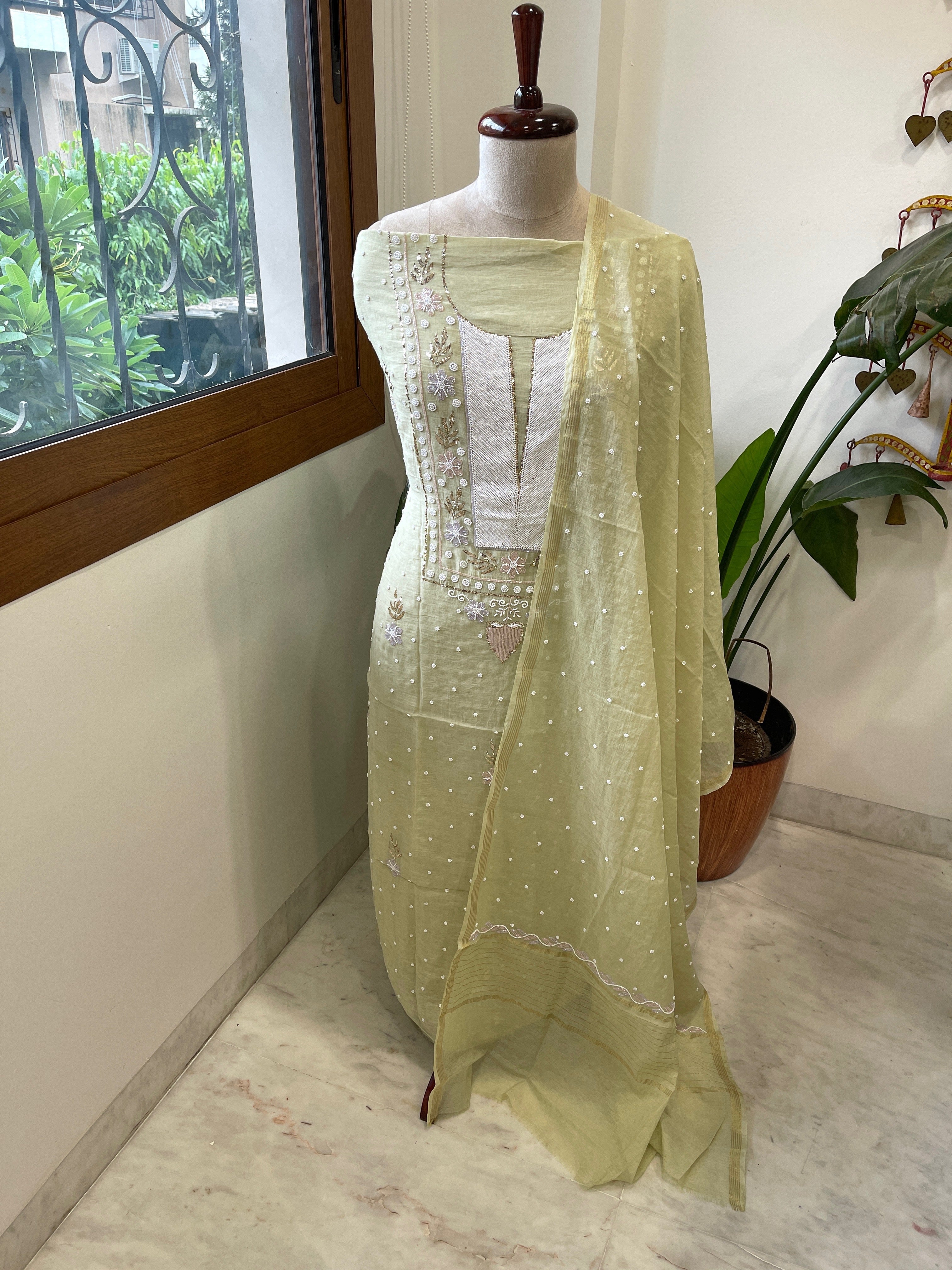 Pista Green Suit Set with Pearl, Cut Daana and Mukaish Handwork in Pure Mul Chanderi - Masakalee