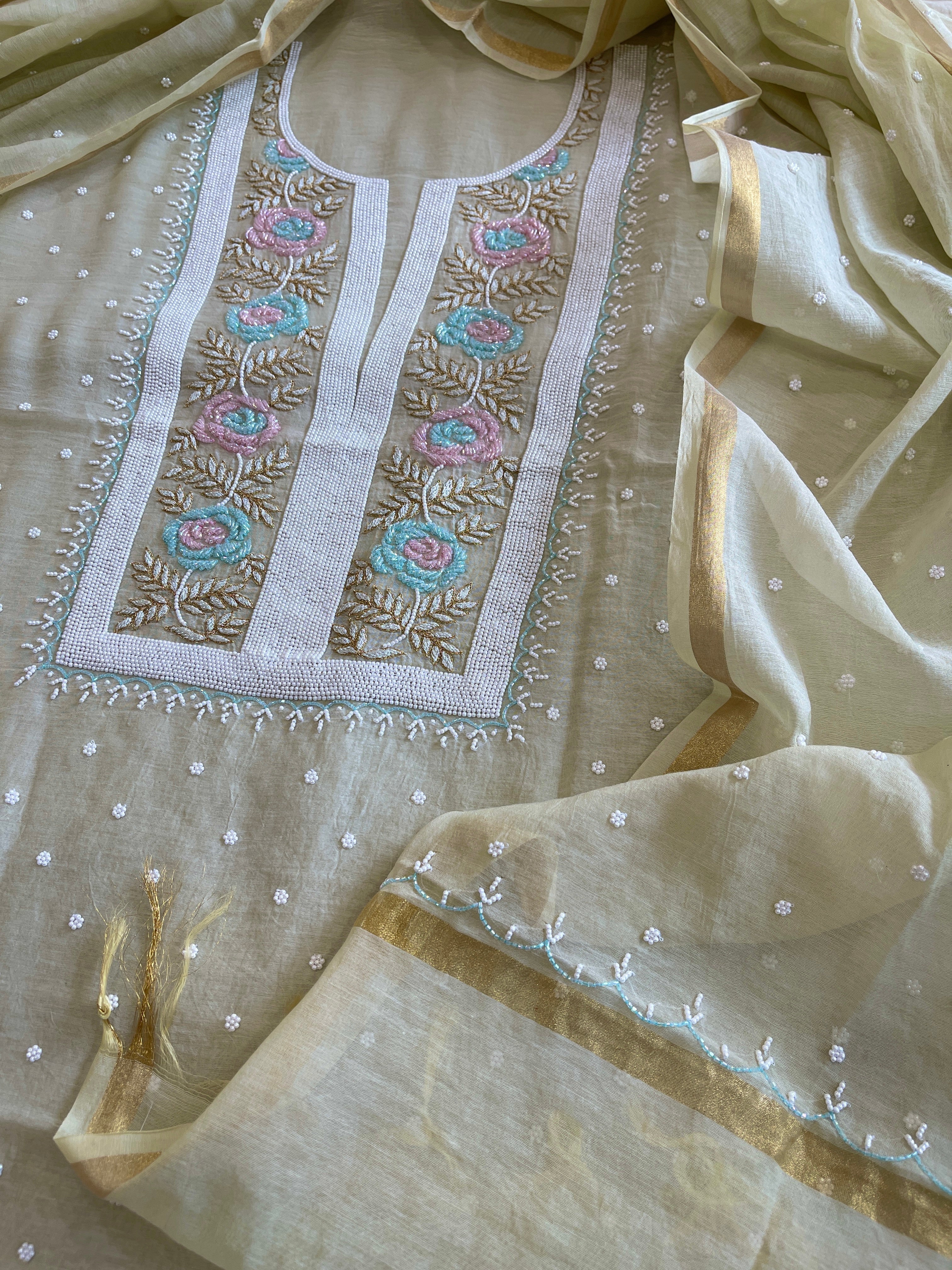 Pista Green Suit Set with Pearl, Cut Daana and Thread Handwork in Pure Mul Chanderi - Masakalee