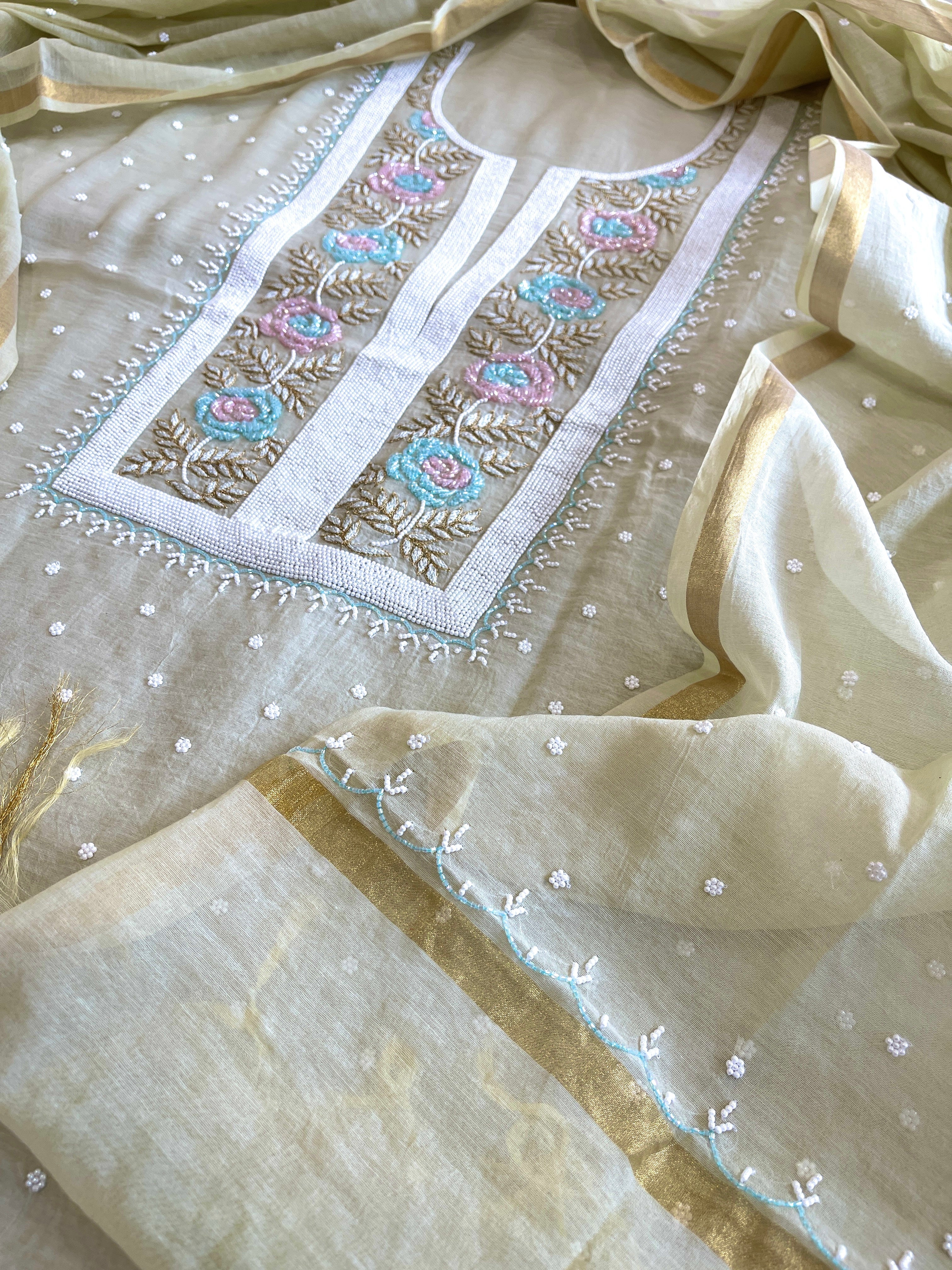Pista Green Suit Set with Pearl, Cut Daana and Thread Handwork in Pure Mul Chanderi - Masakalee
