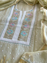 Pista Green Suit Set with Pearl, Cut Daana and Thread Handwork in Pure Mul Chanderi - Masakalee