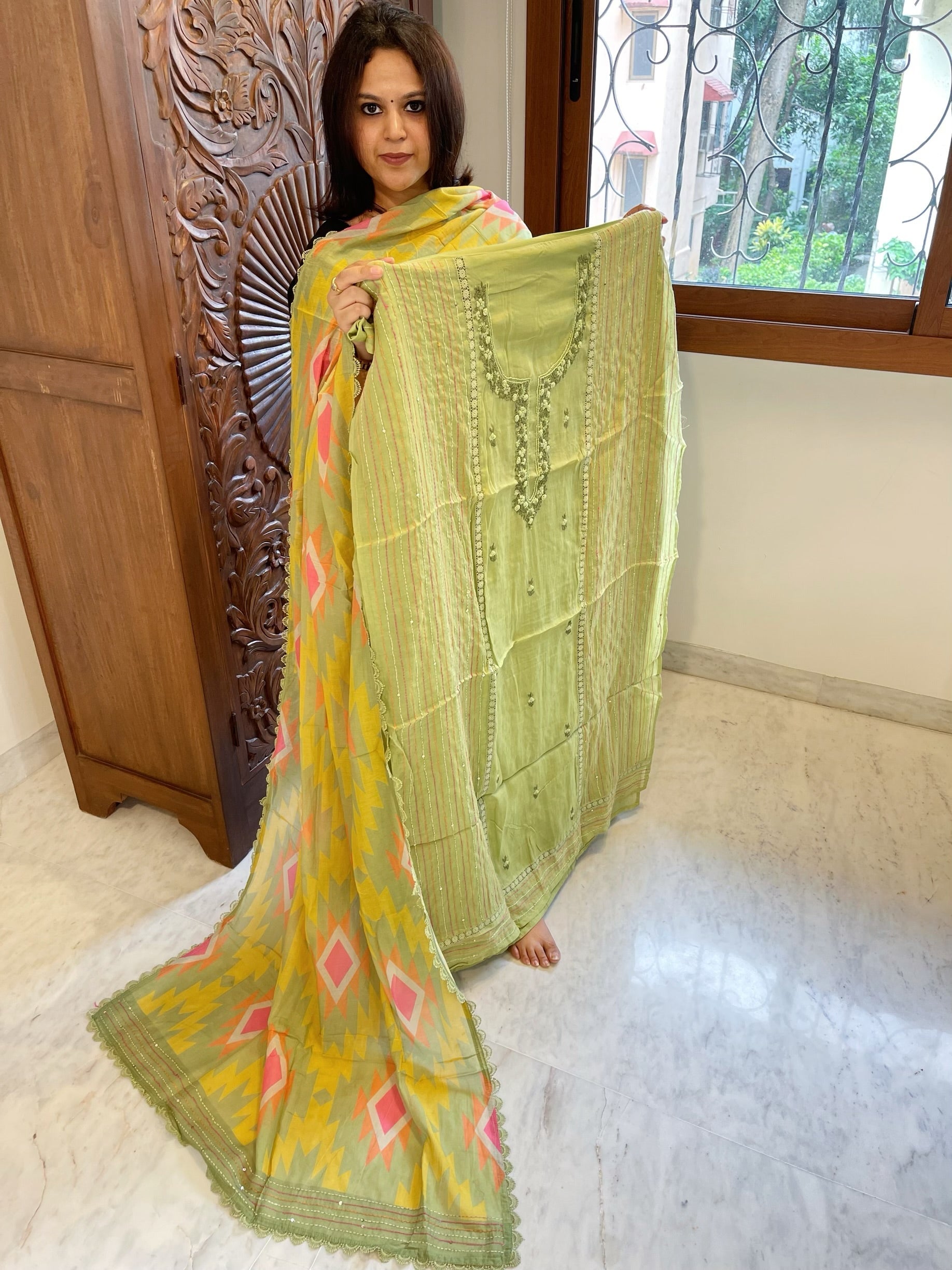Pista Green Suit Set with Sequin and Knot handwork in Mul Chanderi - Masakalee