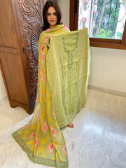 Pista Green Suit Set with Sequin and Knot handwork in Mul Chanderi - Masakalee