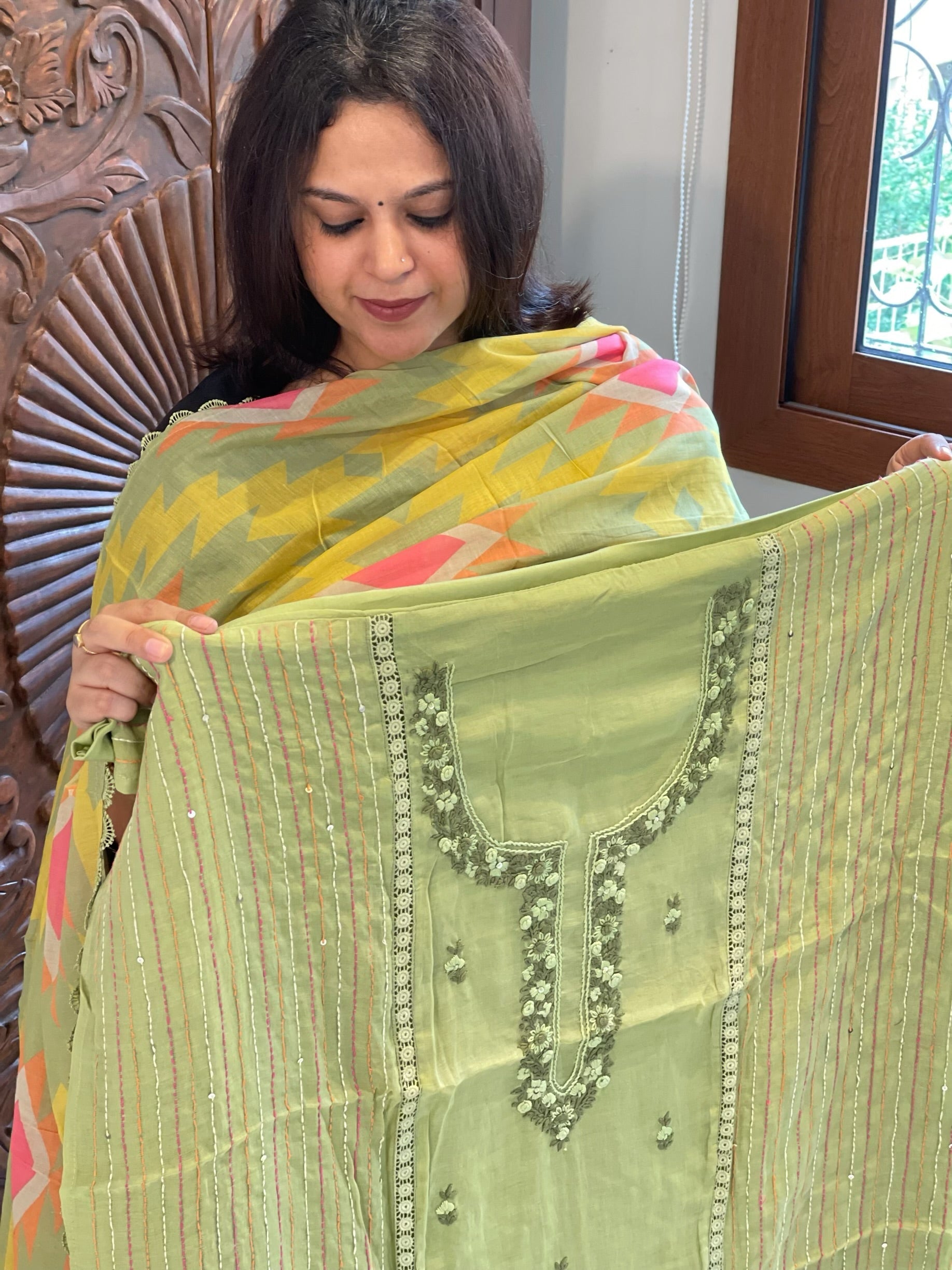 Pista Green Suit Set with Sequin and Knot handwork in Mul Chanderi - Masakalee