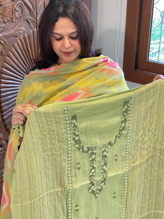 Pista Green Suit Set with Sequin and Knot handwork in Mul Chanderi - Masakalee